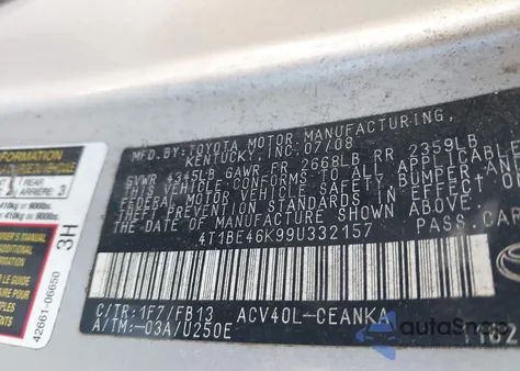 2009 Toyota Camry Le из США, поврежденный, VIN 4T1BE46K99U332157